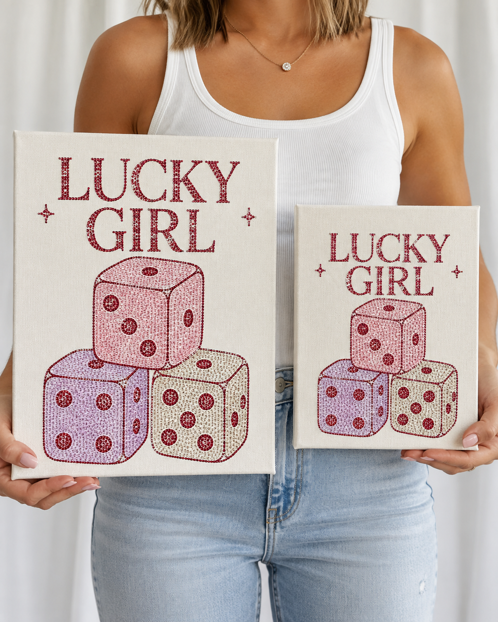 Lucky Girl rhinestone canvas detail