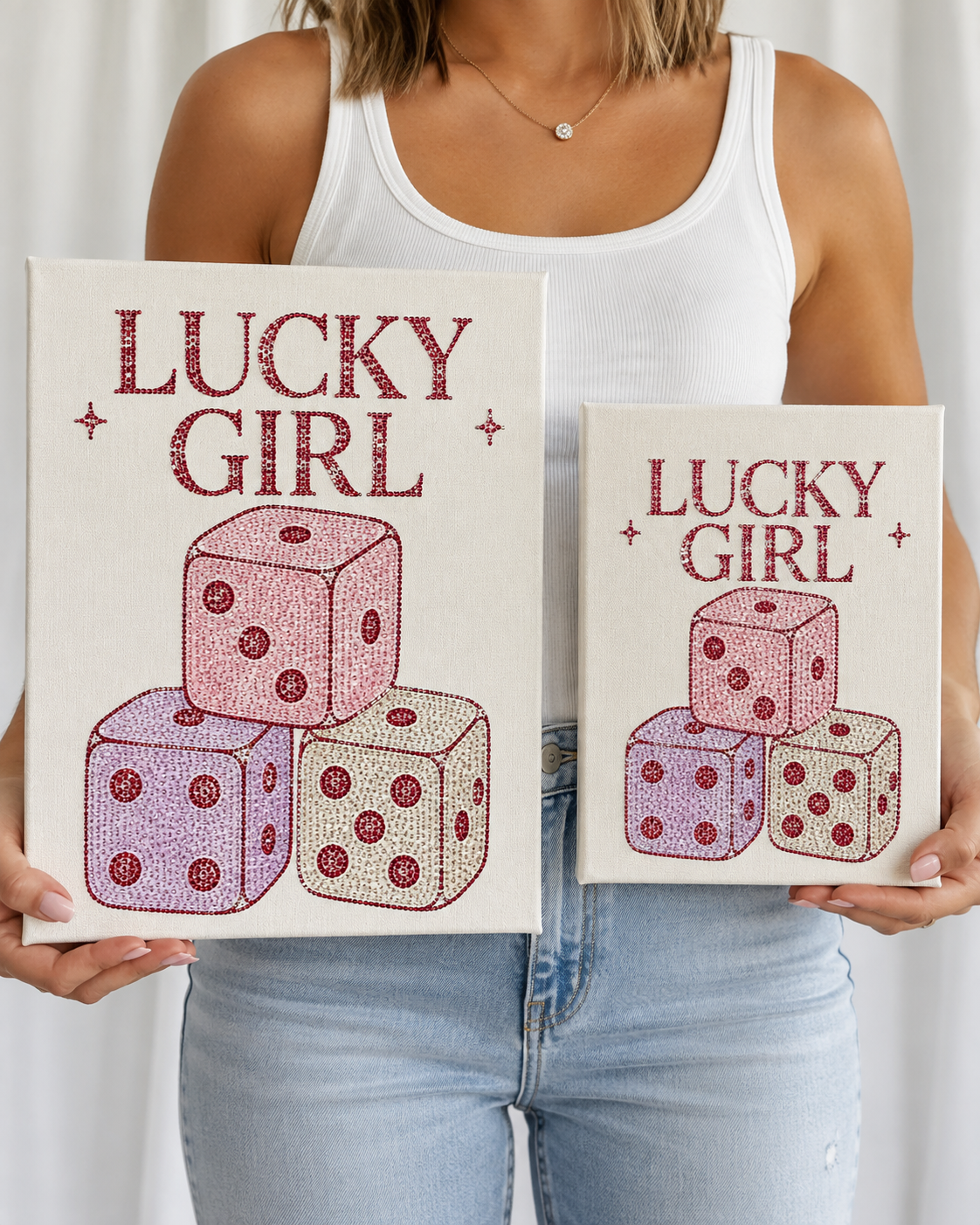 Lucky Girl rhinestone canvas detail