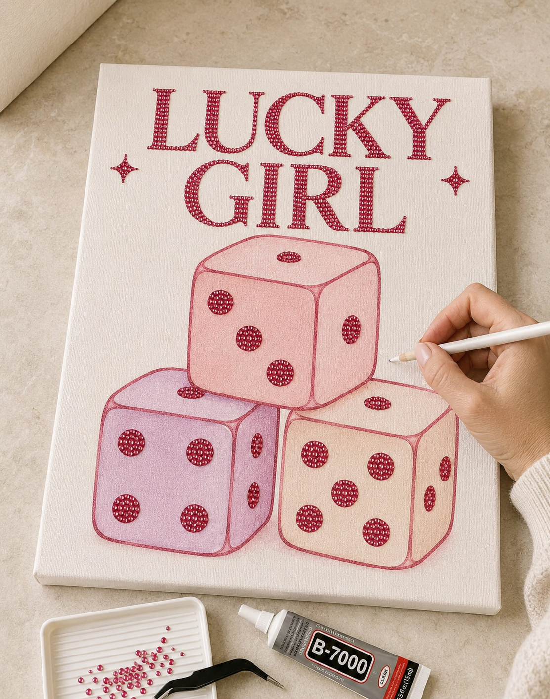 Lucky Girl DIY bedazzle canvas kit in progress