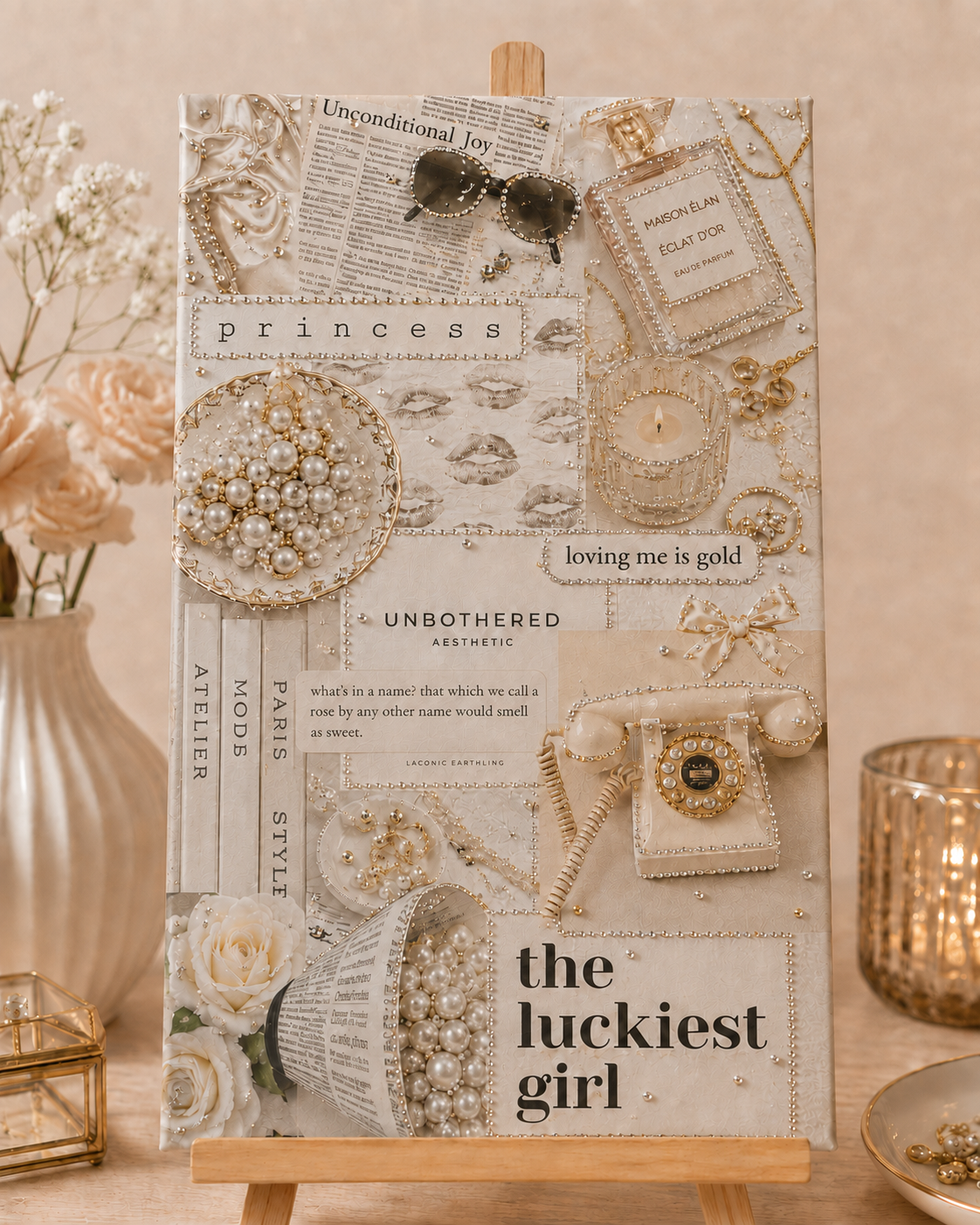 Finished Luxe Headlines DIY bedazzle canvas kit displayed on a wooden easel