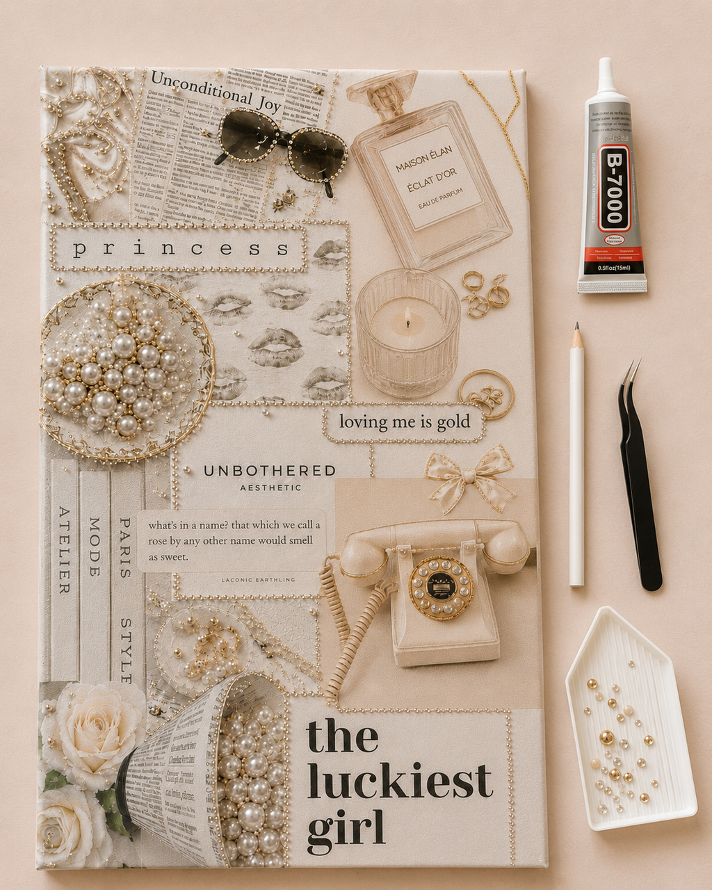 Luxe Headlines rhinestone canvas kit half completed beside the included craft tools