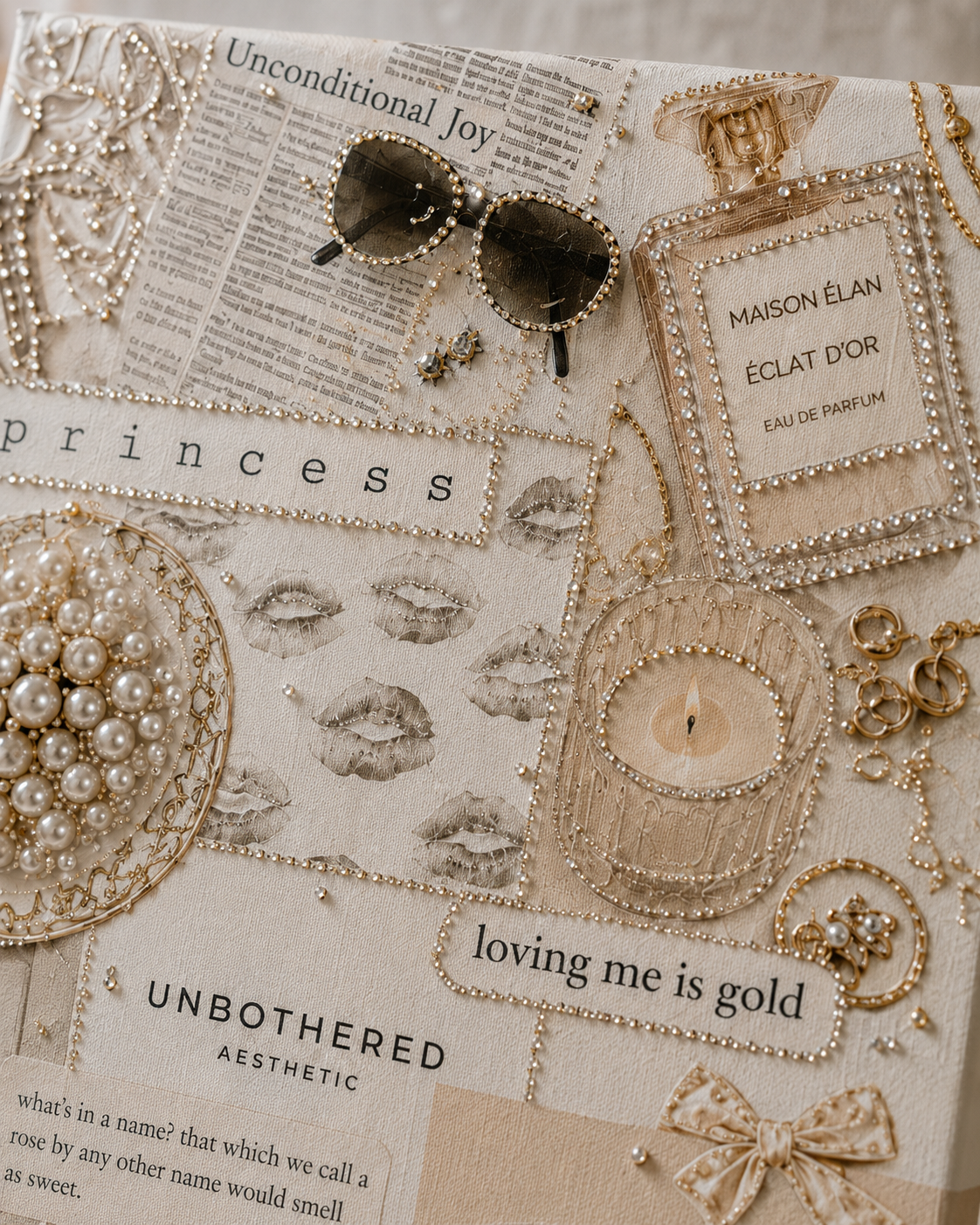 Close-up of cream champagne and pale gold rhinestones on the Luxe Headlines canvas