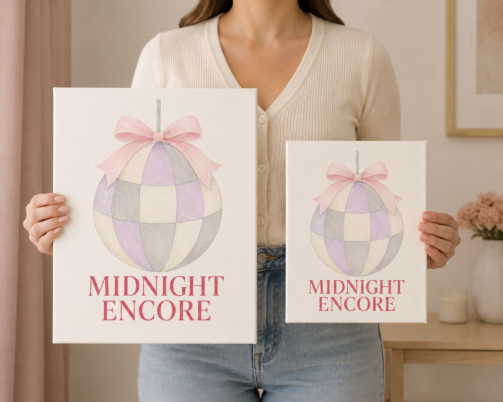 Woman holding Standard 8 x 10 and Large 11 x 14 Midnight Encore canvases