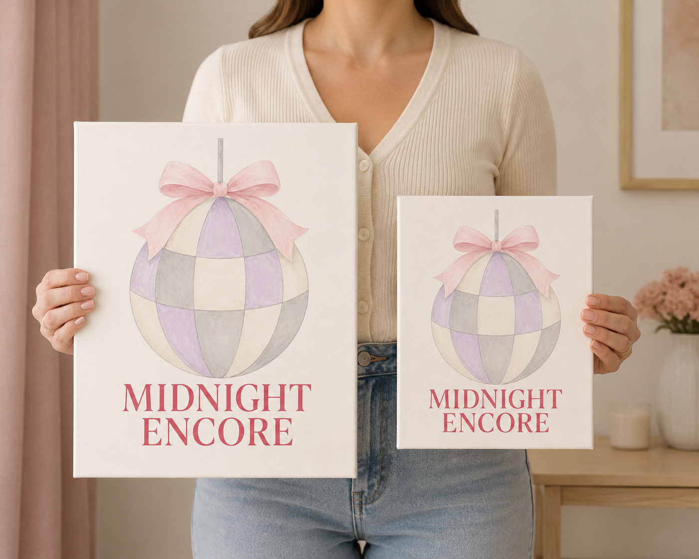 Woman holding Standard 8 x 10 and Large 11 x 14 Midnight Encore canvases
