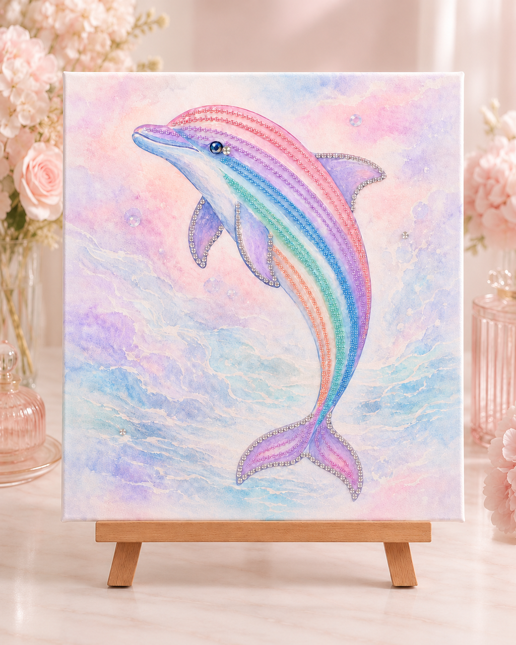 Pastel rainbow dolphin DIY bedazzle canvas kit finished example