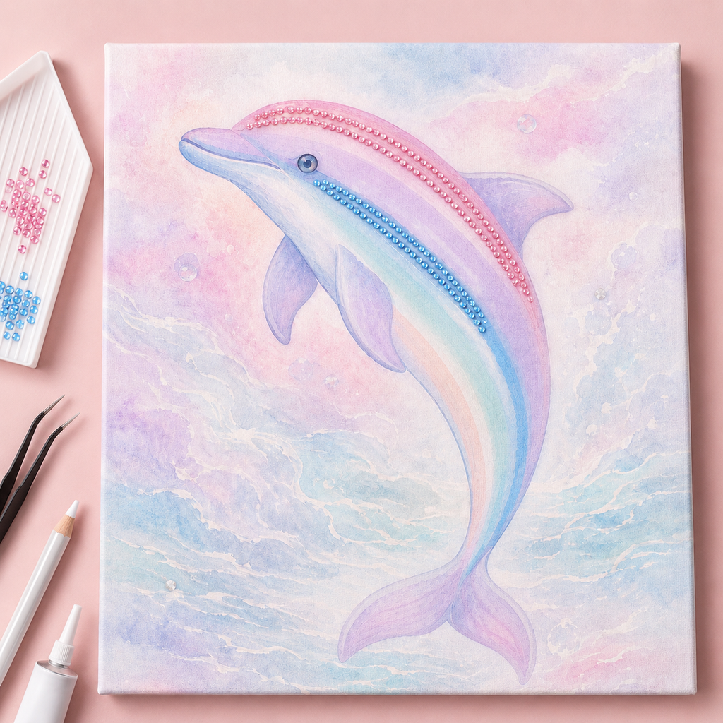 Pastel rainbow dolphin rhinestone canvas kit work in progress