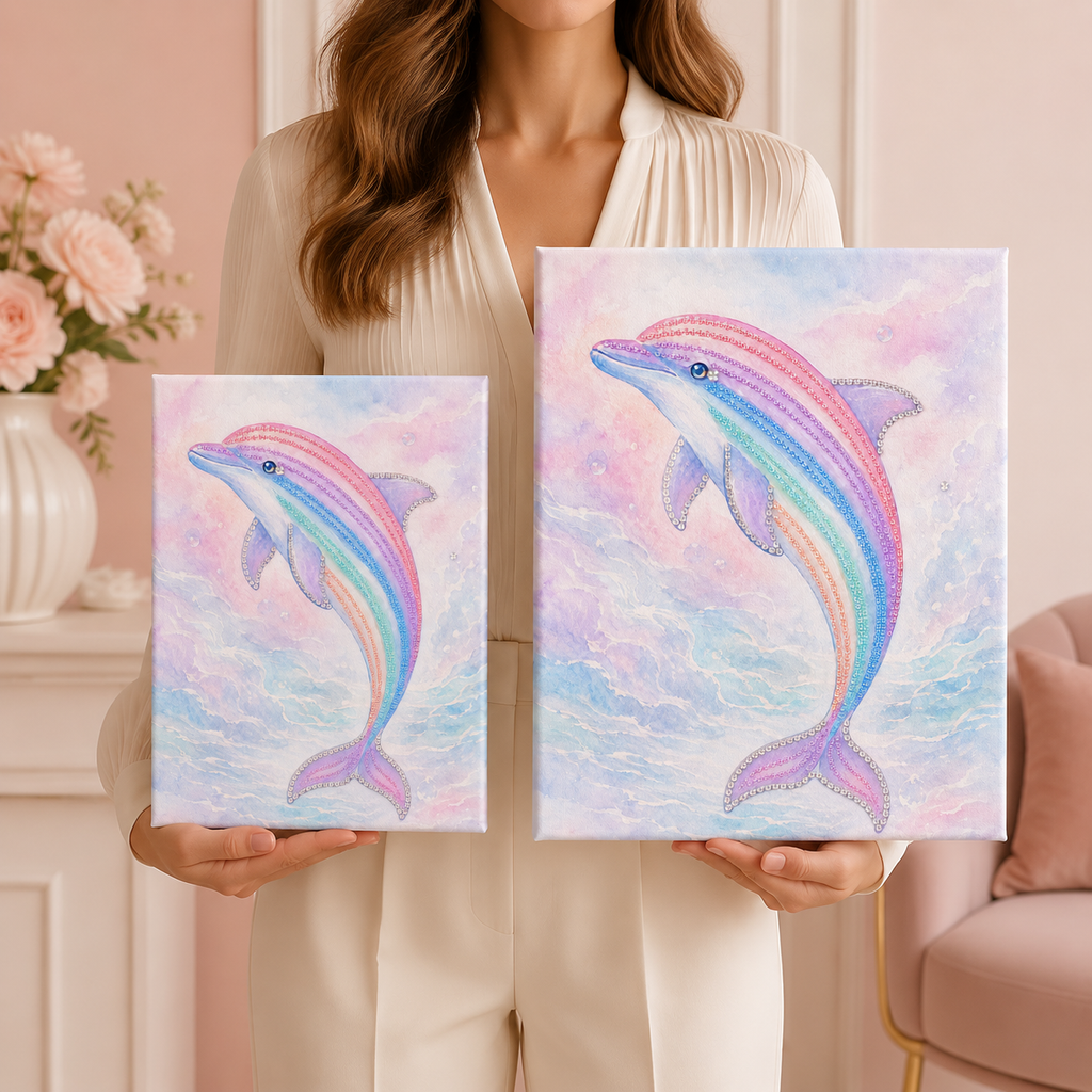 Pastel rainbow dolphin bedazzle canvas kit size comparison