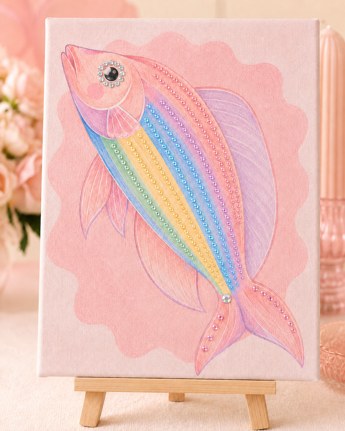 Pastel rainbow fish DIY bedazzle canvas kit finished example