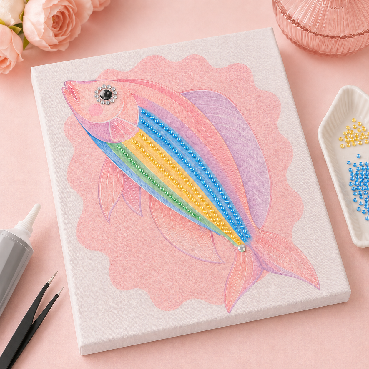 Pastel rainbow fish rhinestone canvas kit work in progress