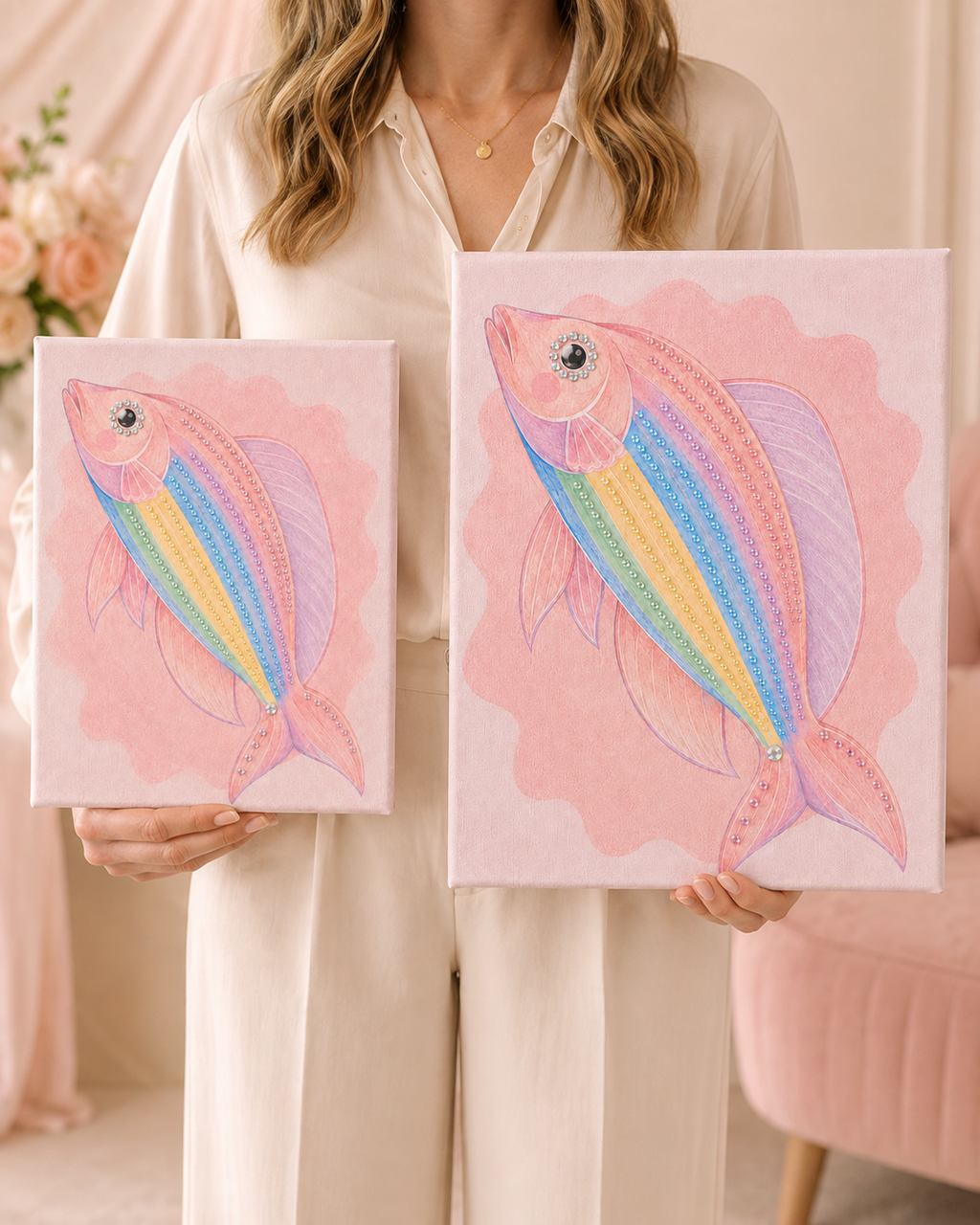 Pastel rainbow fish bedazzle canvas kit size comparison