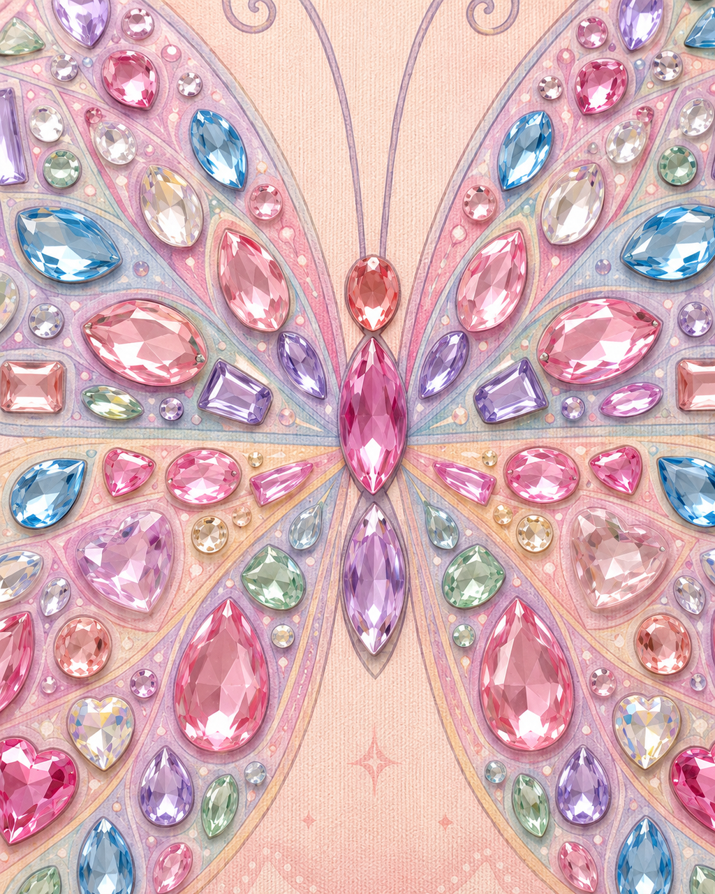Close-up of jumbo peel-and-stick gems on pastel butterfly canvas