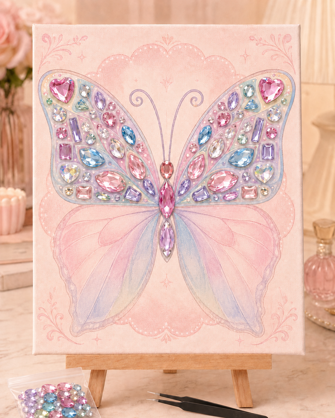 Half-finished pastel butterfly DIY gem sticker canvas showing freestyle gem placement
