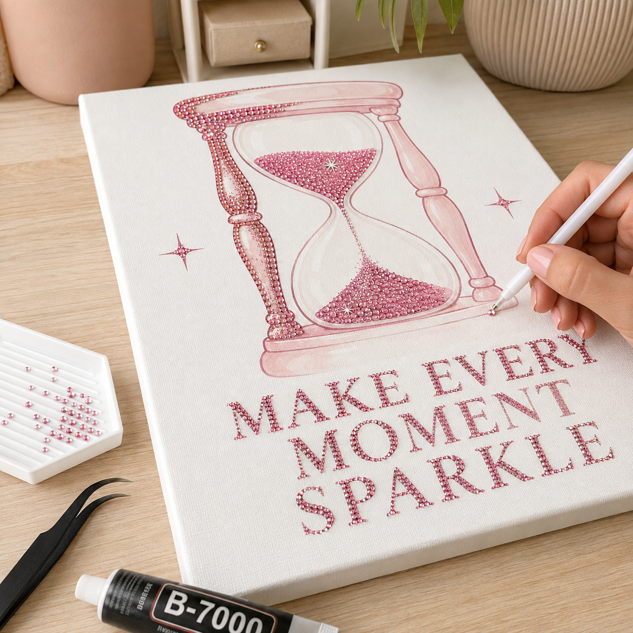 Pink Hourglass rhinestone canvas kit work in progress