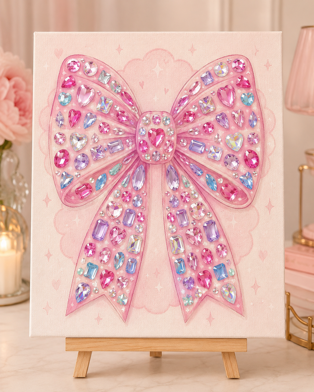 Finished Pretty in Pink Bow DIY gem sticker canvas kit
