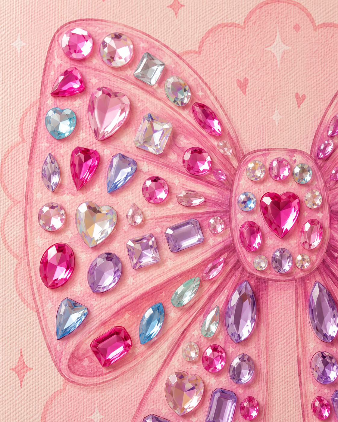 Close-up of jumbo peel-and-stick gems on pink bow canvas