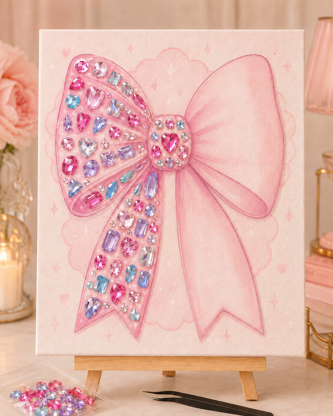 Half-finished pink bow DIY gem sticker canvas showing freestyle gem placement