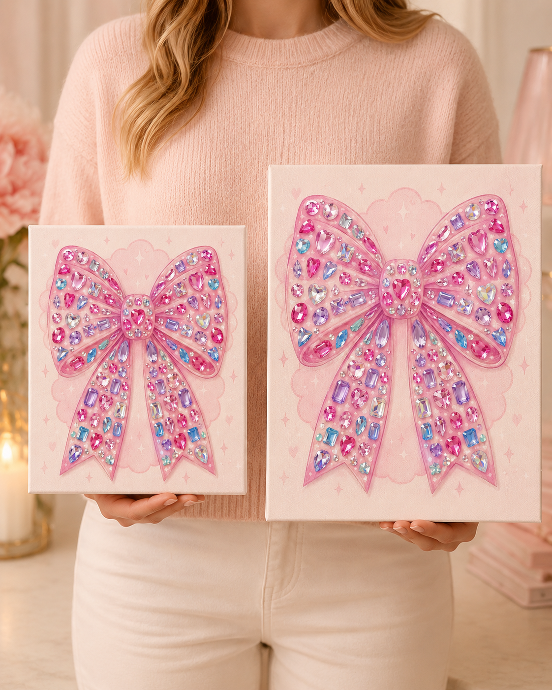 Pretty in Pink Bow canvas size comparison 8 by 10 and 11 by 14 inches
