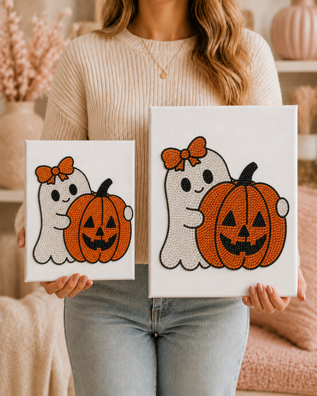 Pumpkin Boo bedazzle canvas shown in 8 by 10 and 11 by 14 inch sizes