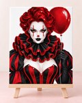Finished Red Balloon Nightmare canvas with round red black and clear rhinestones on a wooden easel