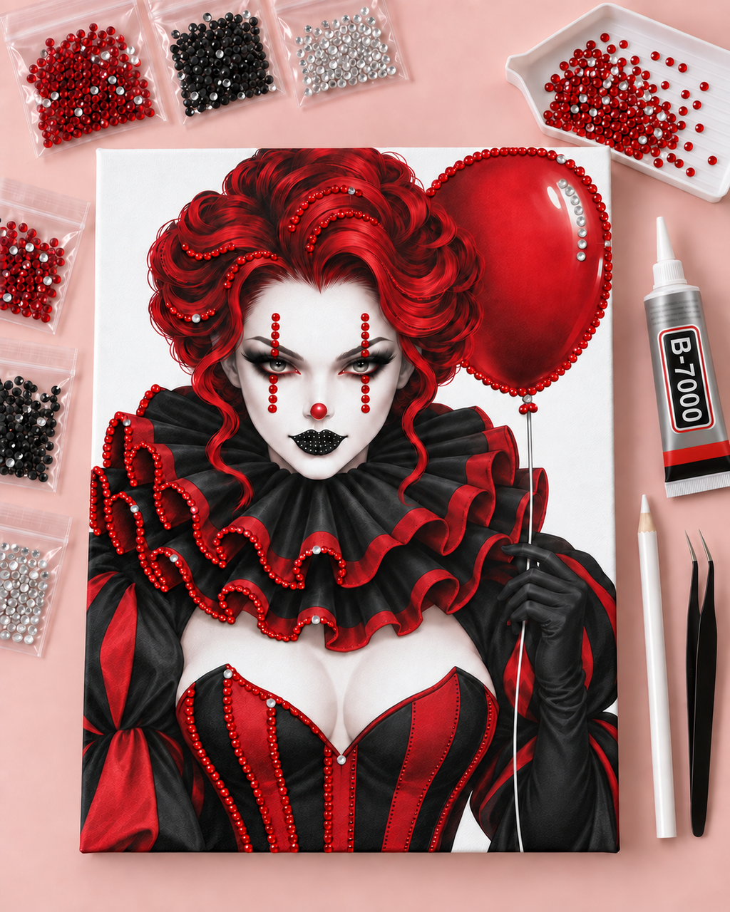 Red Balloon Nightmare canvas in progress with round rhinestones and the included B-7000 glue tube and tools
