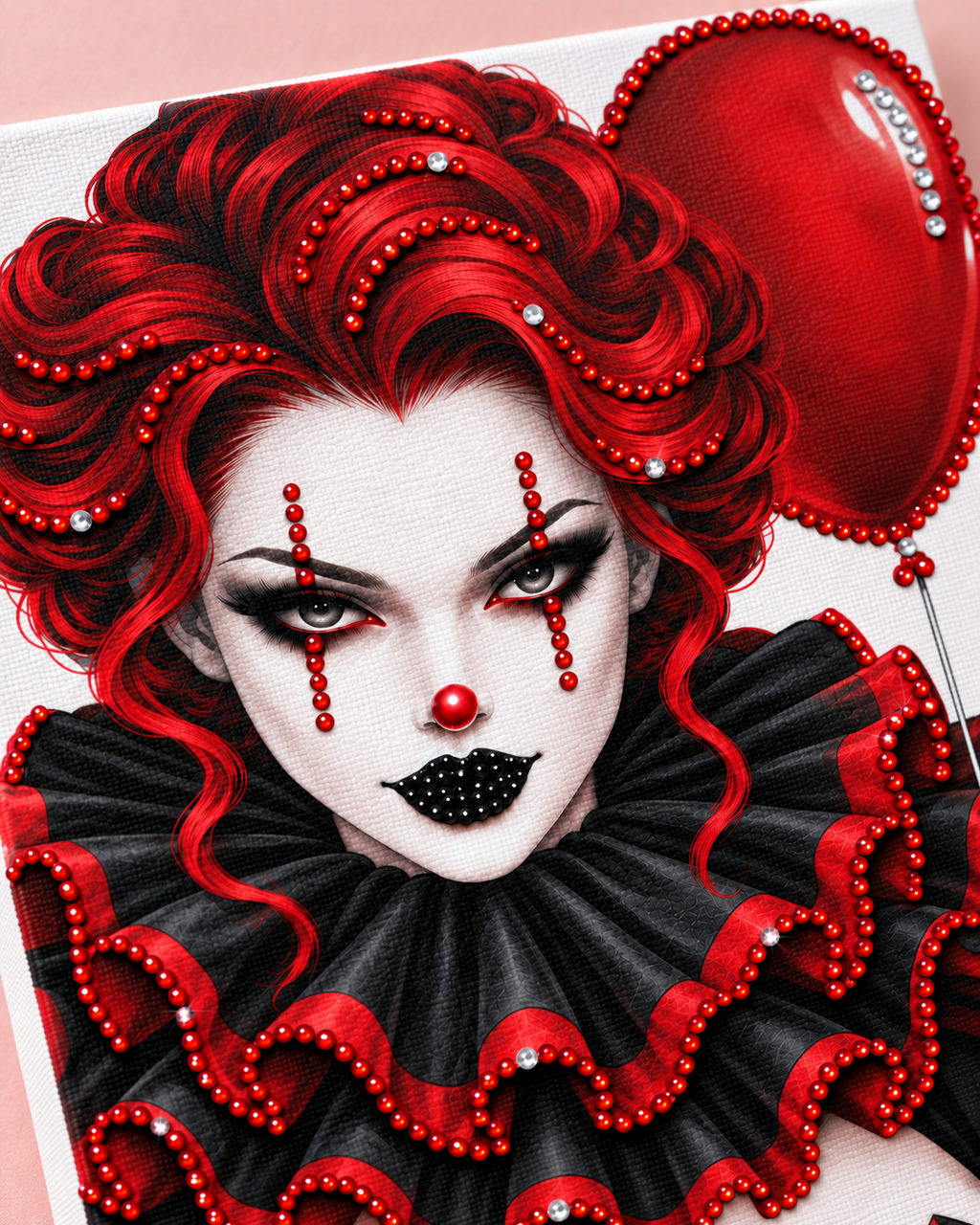Close-up of round red black and clear flatback rhinestones on the Red Balloon Nightmare Halloween canvas