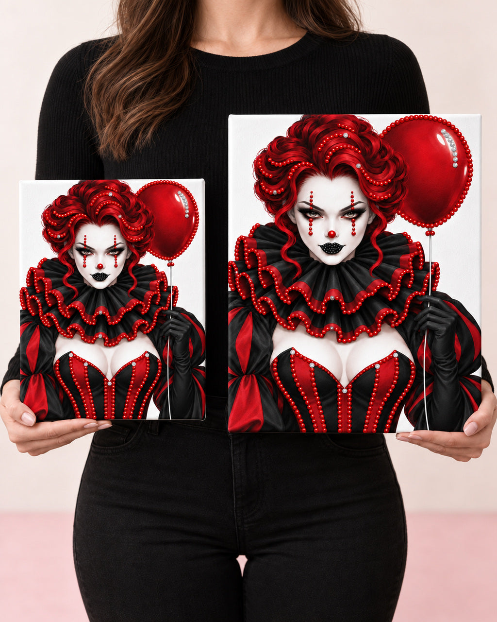Red Balloon Nightmare finished canvases with round rhinestones in Standard 8 by 10 and Large 11 by 14 inch sizes