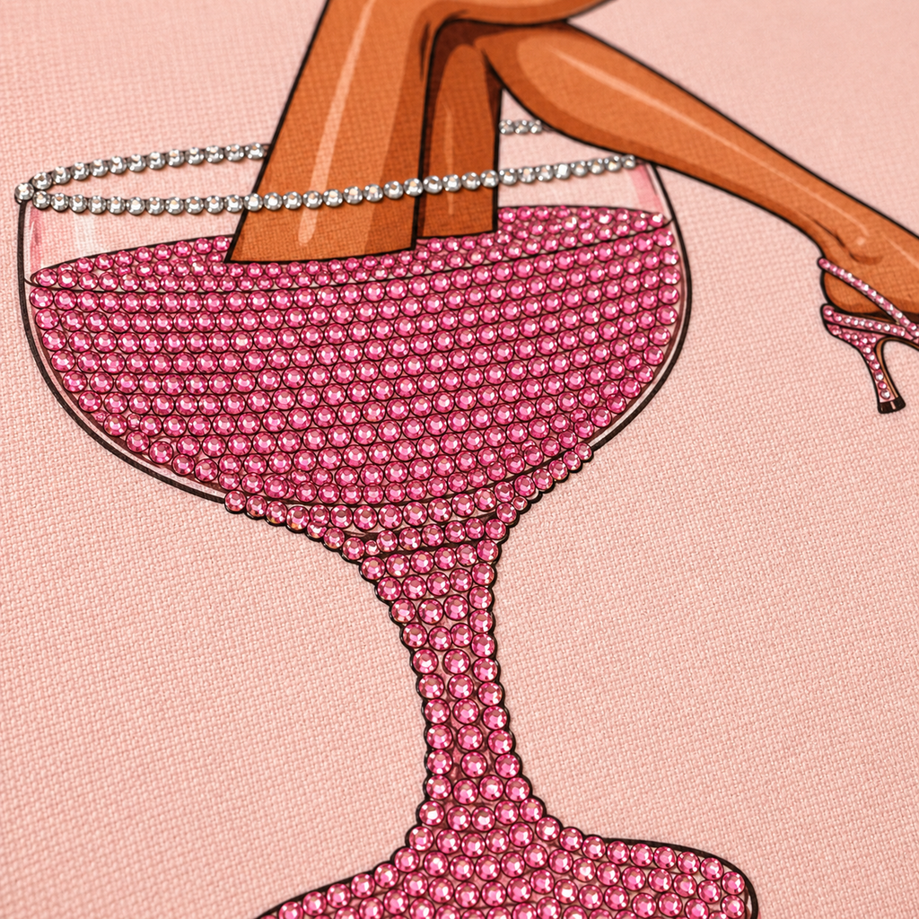 Close-up of pink and silver rhinestones on the Rosé in Heels wine glass design