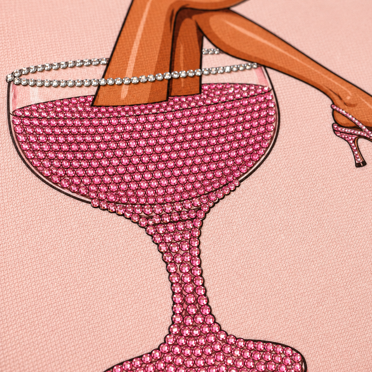 Close-up of pink and silver rhinestones on the Rosé in Heels wine glass design