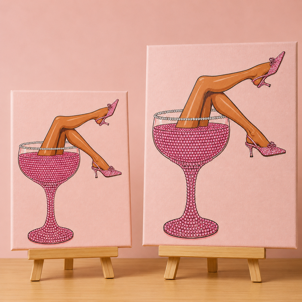 Rosé in Heels bedazzle canvas kit shown in 8 x 10 and 11 x 14 inch sizes