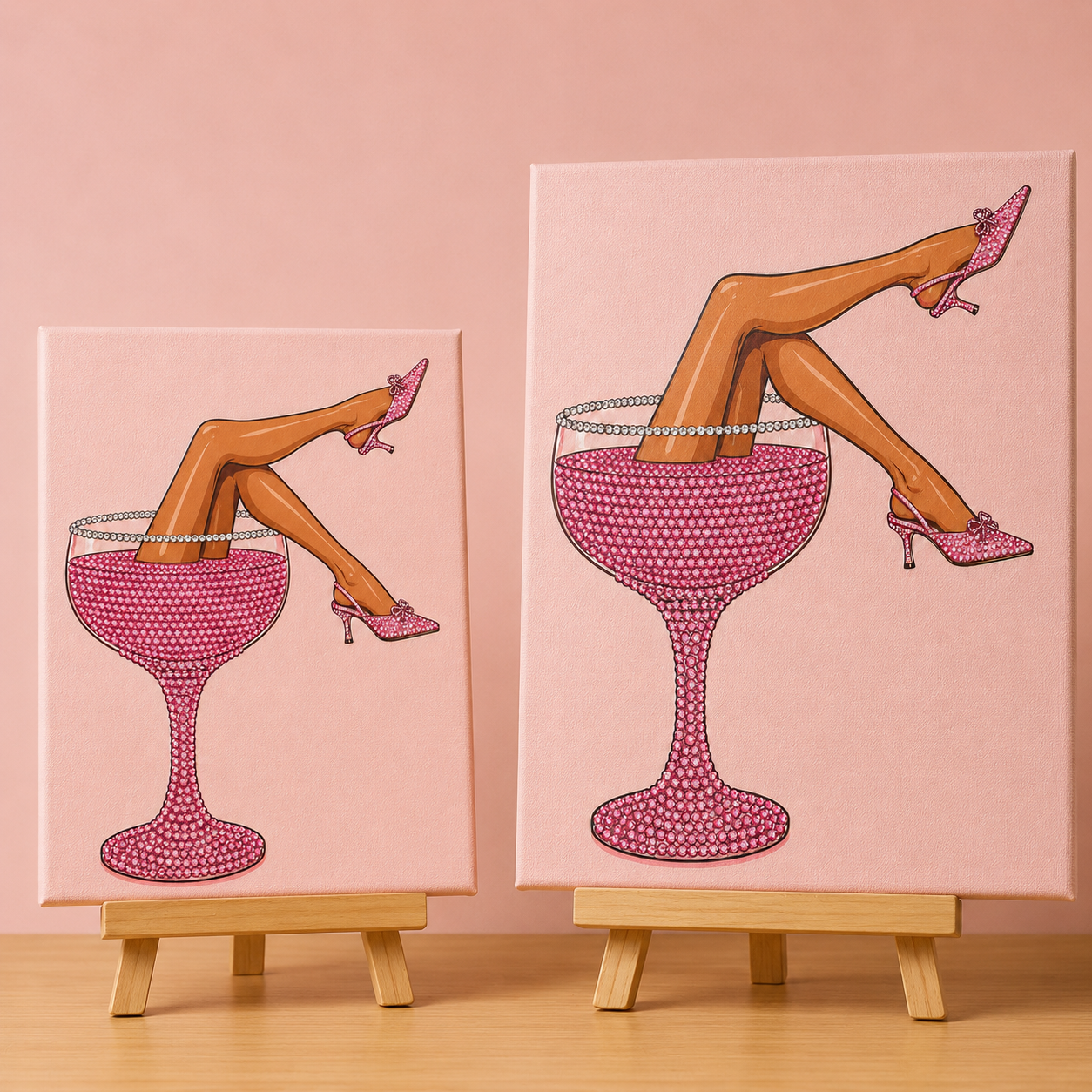 Rosé in Heels bedazzle canvas kit shown in 8 x 10 and 11 x 14 inch sizes