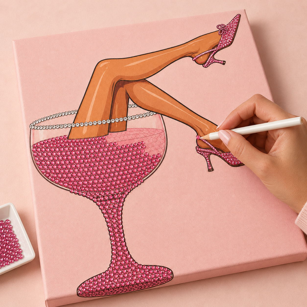 Rosé in Heels DIY bedazzle canvas kit in progress with pink and silver rhinestones