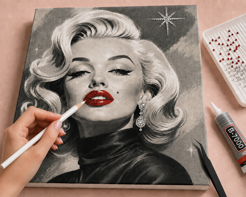 Ruby Icon DIY bedazzle canvas in progress using a sharpened white wax rhinestone pencil with glue, tweezers and tray