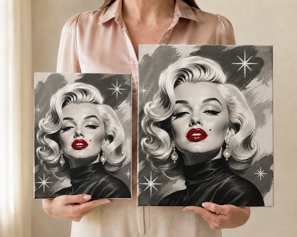 Fully bedazzled Ruby Icon canvases in Standard 8 by 10 and Large 11 by 14 sizes held side by side