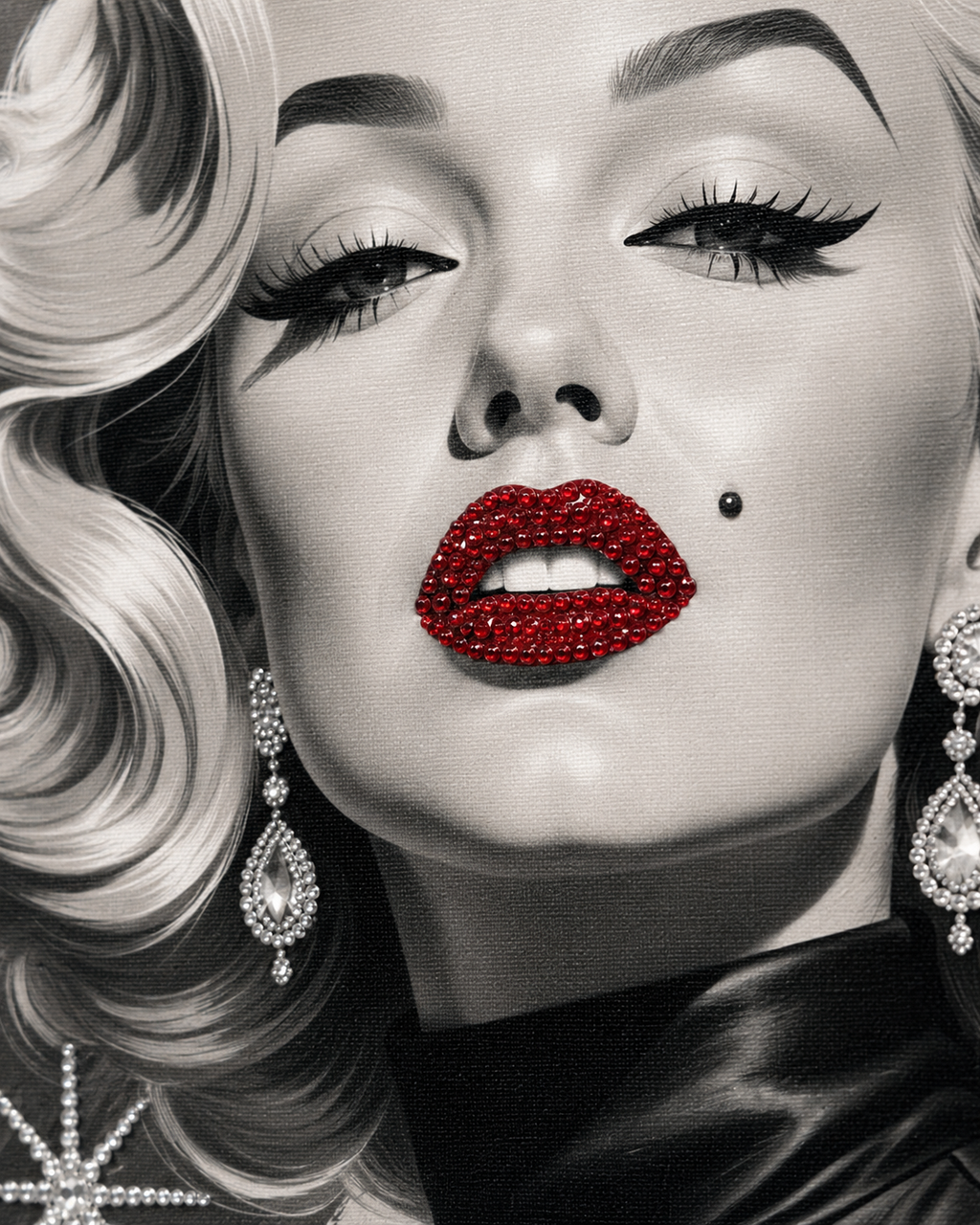 Close-up of ruby-red rhinestone lips, crystal earrings and one black beauty-mark stone on the Ruby Icon canvas