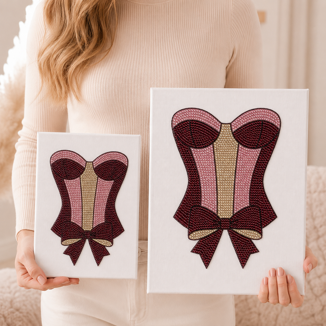 Standard 8 by 10 and Large 11 by 14 Satin Corset canvases held side by side