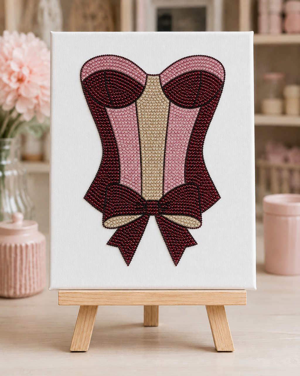 Finished Satin Corset rhinestone canvas displayed on a small wooden easel