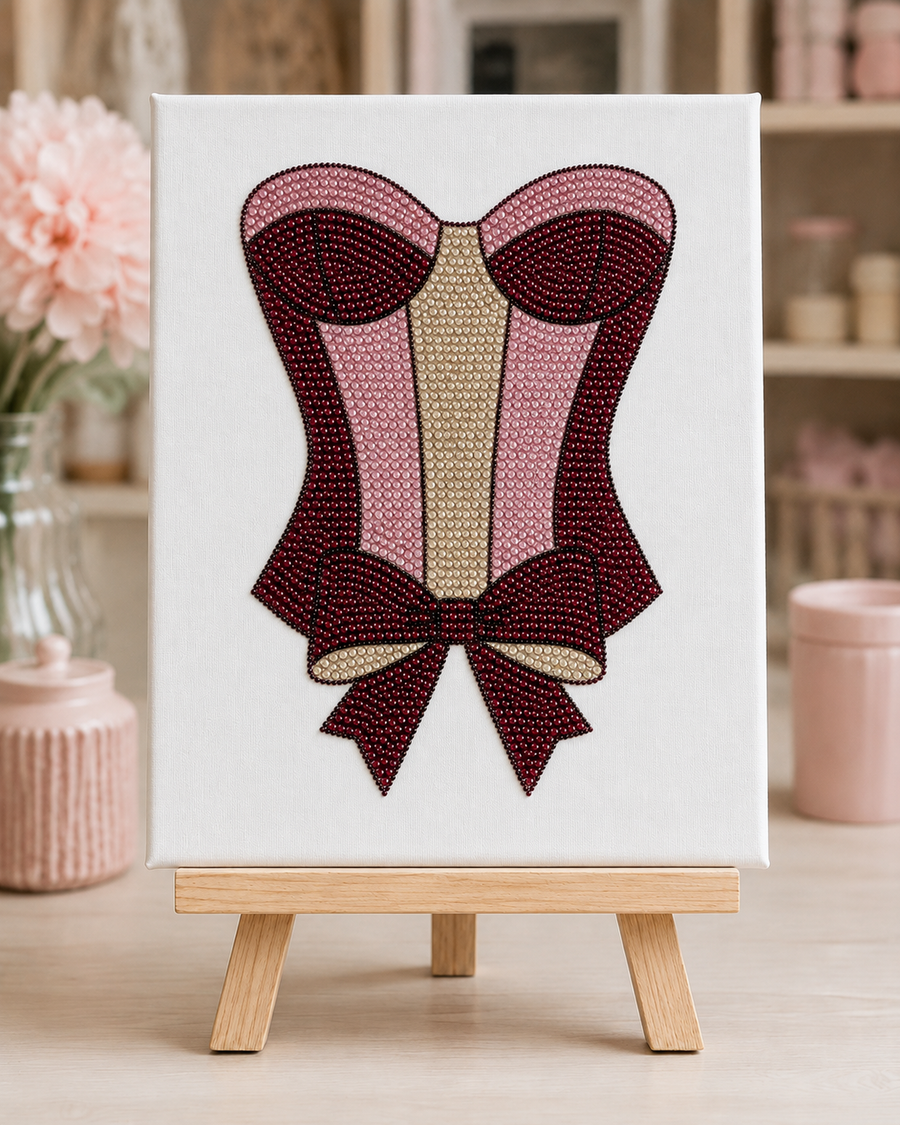 Finished Satin Corset rhinestone canvas displayed on a small wooden easel