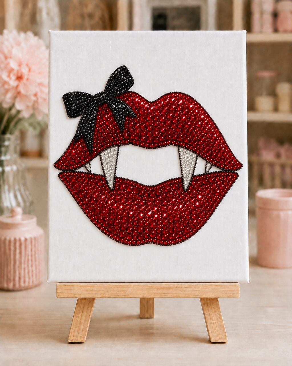 Finished Vampire Kiss rhinestone canvas with red lips, four vampire teeth and black bow on a small wooden easel