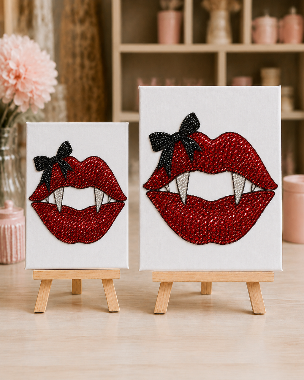 Vampire Kiss Standard 8 by 10 and Large 11 by 14 canvases held side by side without showing a face