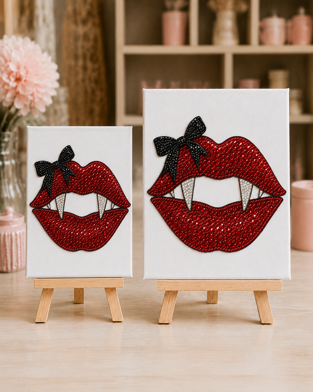 Vampire Kiss Standard 8 by 10 and Large 11 by 14 canvases held side by side without showing a face