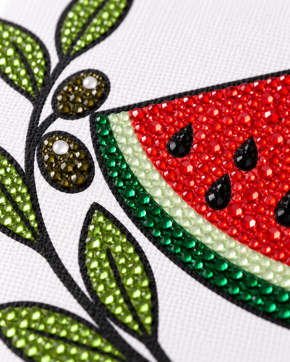 Close-up of red green black and olive rhinestones on Watermelon and Olive canvas