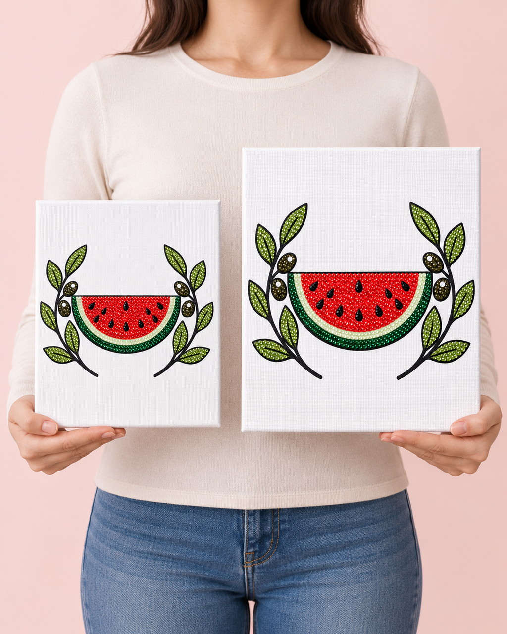 Standard 8 by 10 and Large 11 by 14 Watermelon and Olive canvases held side by side