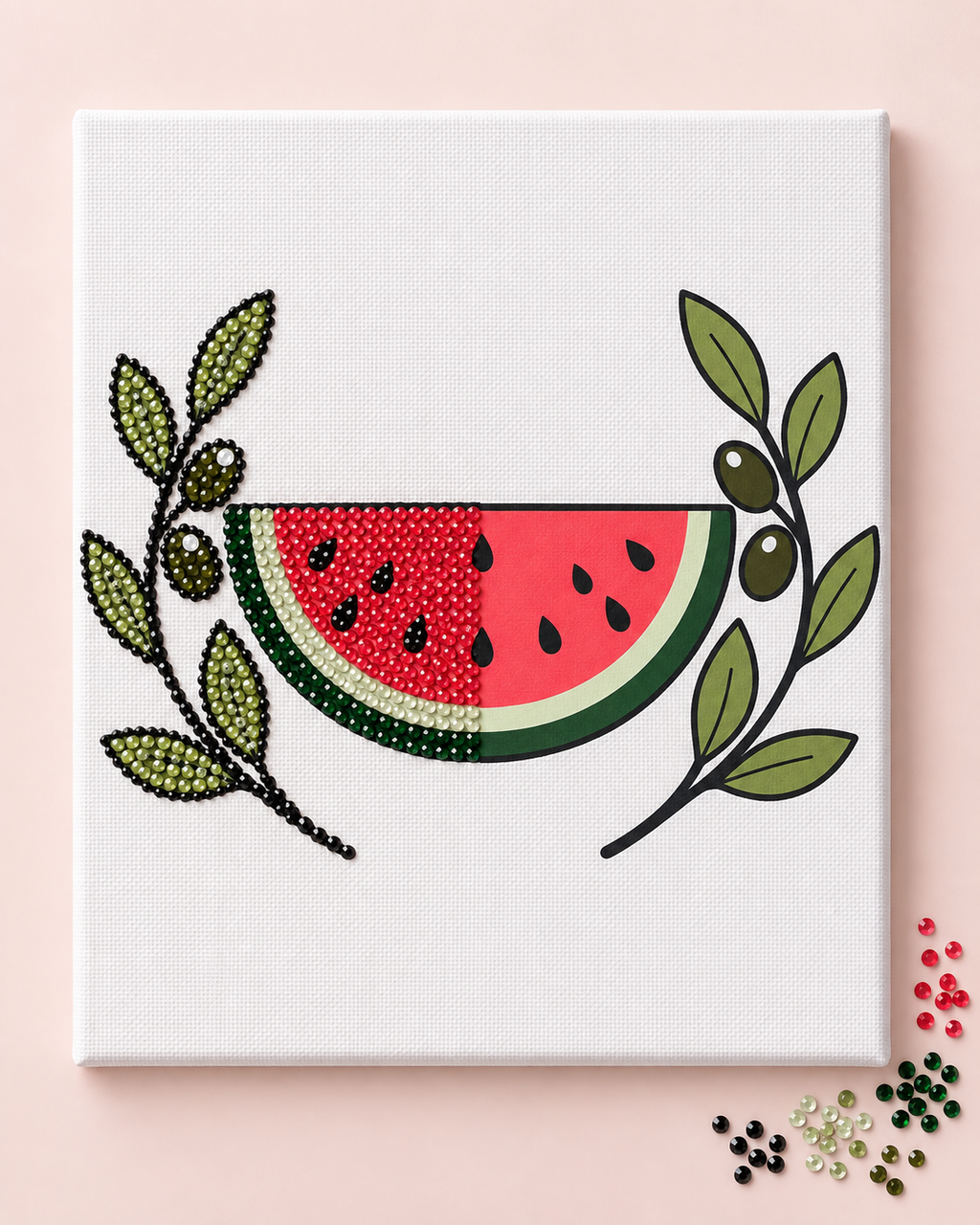 Watermelon and Olive canvas half completed with colour-matched rhinestones