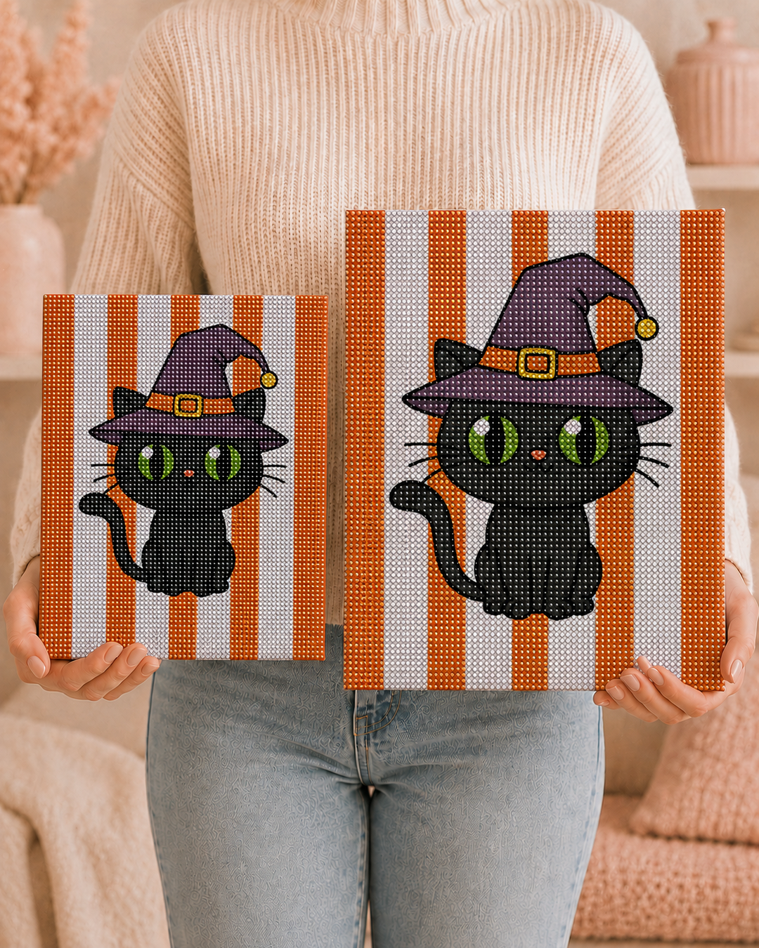Witch Cat DIY bedazzle canvas shown in 8 by 10 and 11 by 14 inch sizes