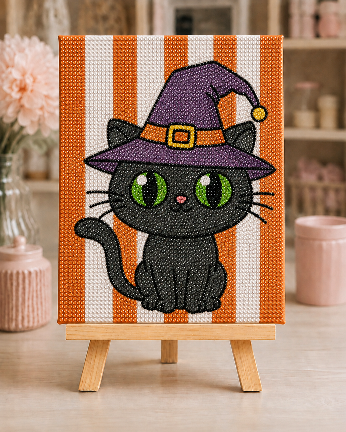 Fully bedazzled Witch Cat Halloween DIY canvas kit on a wooden easel with edge-to-edge orange and white rhinestone stripes