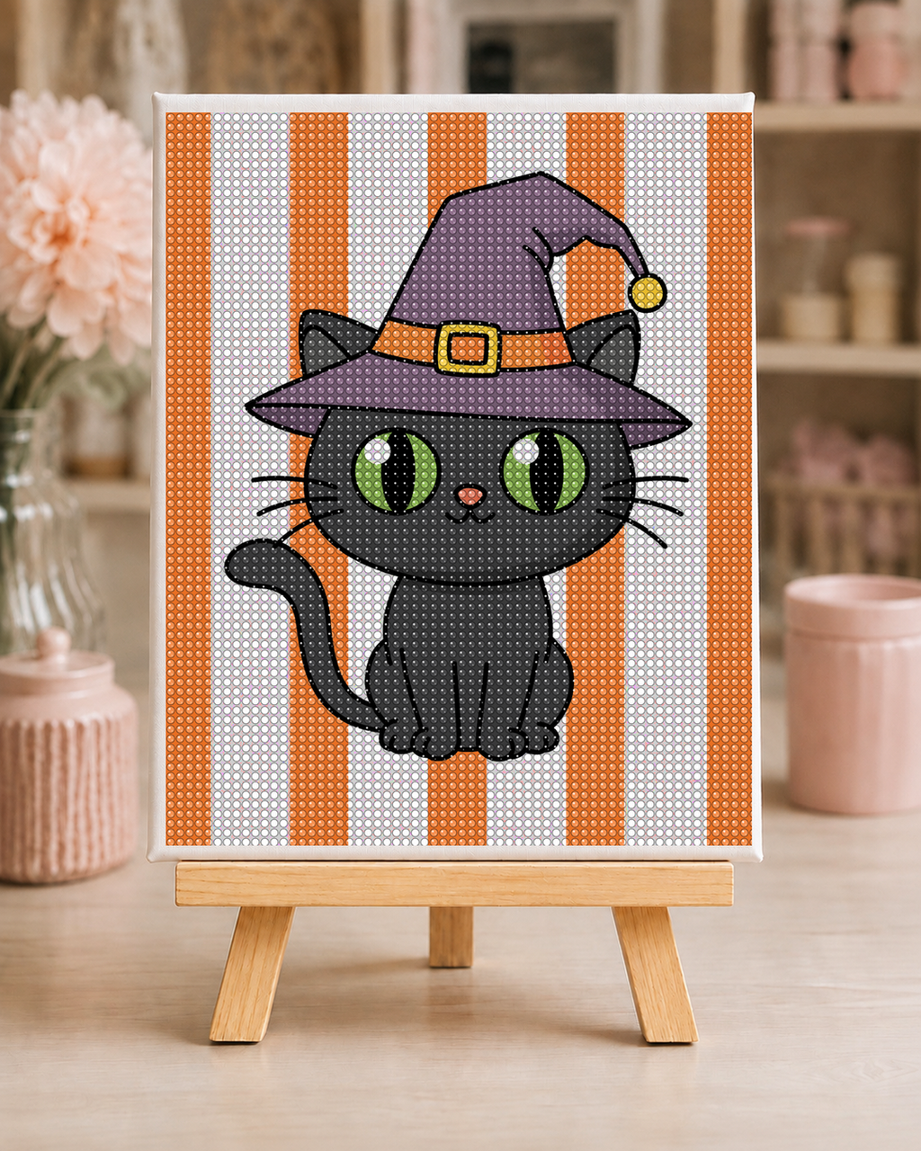 Fully bedazzled Witch Cat Halloween DIY canvas kit on a wooden easel