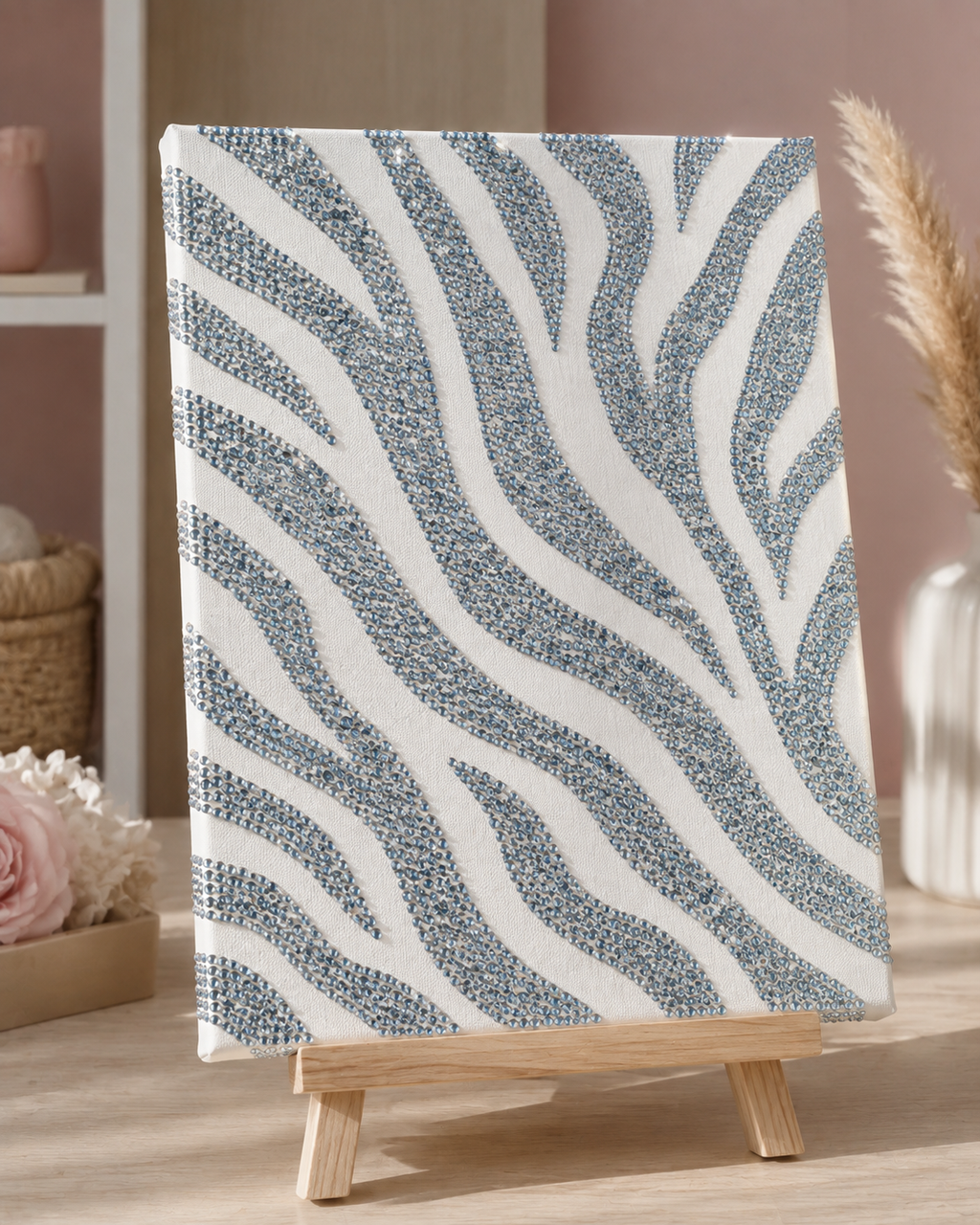 Completed Zebra Print bedazzled canvas displayed in a cosy room