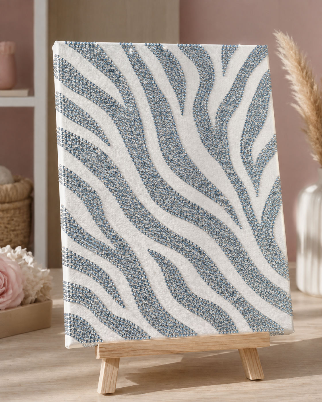 Completed Zebra Print bedazzled canvas displayed in a cosy room